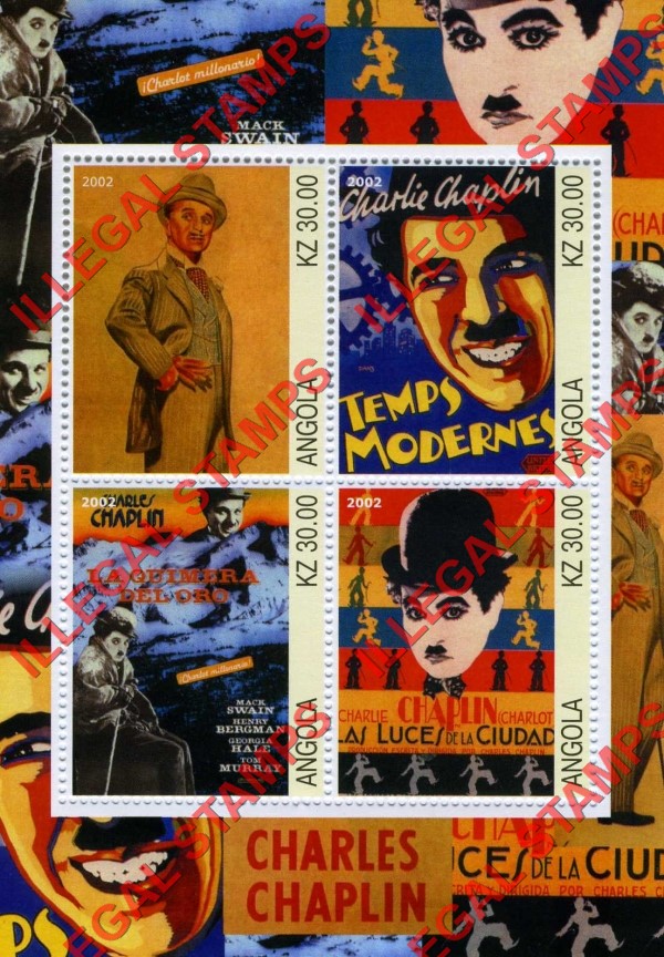 Angola 2002 Charlie Chaplin Illegal Stamp Souvenir Sheet of 4