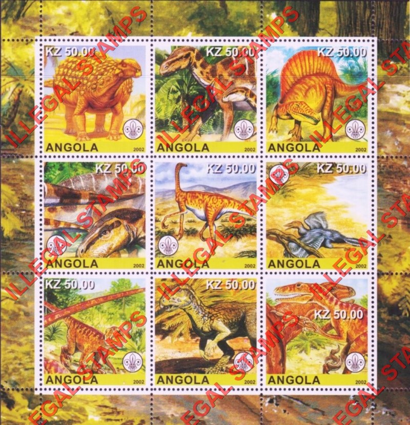 Angola 2002 Dinosaurs with Scout Logo Illegal Stamp Souvenir Sheet of 9