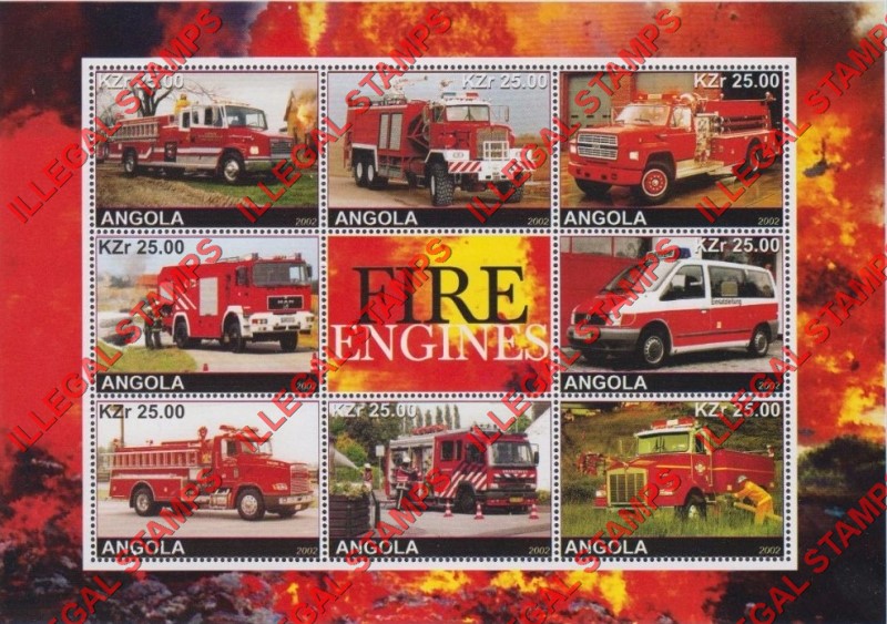 Angola 2002 Fire Engines Illegal Stamp Souvenir Sheet of 8 Plus Label