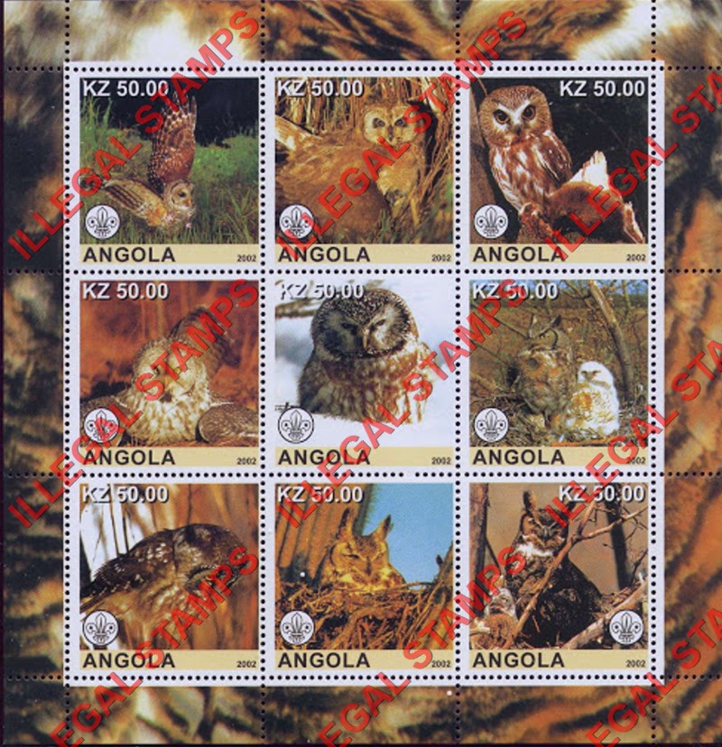 Angola 2002 Owls with Scout Logo Illegal Stamp Souvenir Sheet of 9