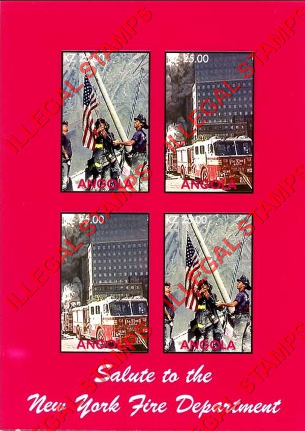 Angola 2002 Salute to the New York Fire Department Illegal Stamp Souvenir Sheet of 4