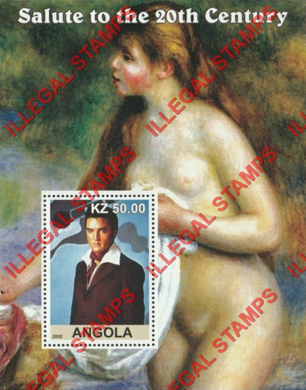Angola 2002 Salute to the 20th Century Elvis Presley and Renoir Nude Painting Illegal Stamp Souvenir Sheet of 1
