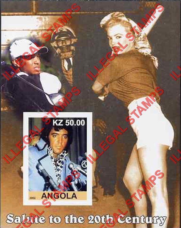 Angola 2002 Salute to the 20th Century Elvis Presley, Marilyn Monroe and Tiger Woods Illegal Stamp Souvenir Sheet of 1