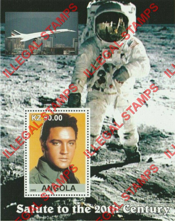 Angola 2002 Salute to the 20th Century Elvis Presley, Concorde and Neil Armstrong Moon Landing Illegal Stamp Souvenir Sheet of 1