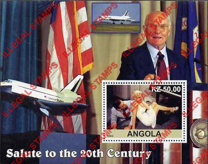 Angola 2002 Salute to the 20th Century Marilyn Monroe, John Glenn and Space Shuttle Illegal Stamp Souvenir Sheet of 1