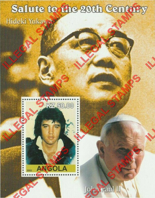 Angola 2002 Salute to the 20th Century Elvis Presley, Pope John Paul II and Hideki Yukawa Illegal Stamp Souvenir Sheet of 1
