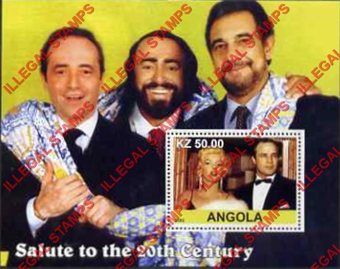Angola 2002 Salute to the 20th Century Marilyn Monroe, Marlon Brando and Three Tenors Illegal Stamp Souvenir Sheet of 1
