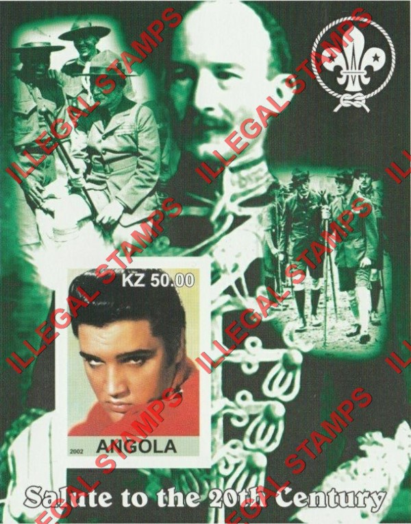 Angola 2002 Salute to the 20th Century Elvis Presley and Baden Powell with Scouts Logo Illegal Stamp Souvenir Sheet of 1