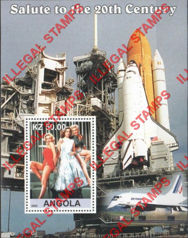 Angola 2002 Salute to the 20th Century Marilyn Monroe, Concorde and Space Shuttle Illegal Stamp Souvenir Sheet of 1