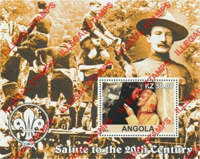 Angola 2002 Salute to the 20th Century Marilyn Monroe and Baden Powell with Scouts Logo Illegal Stamp Souvenir Sheet of 1