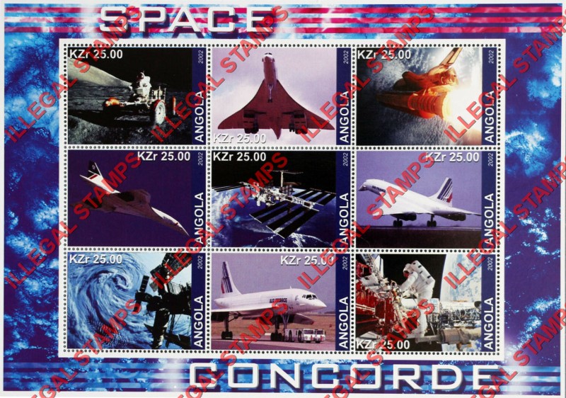 Angola 2002 Space Concorde Illegal Stamp Souvenir Sheet of 9