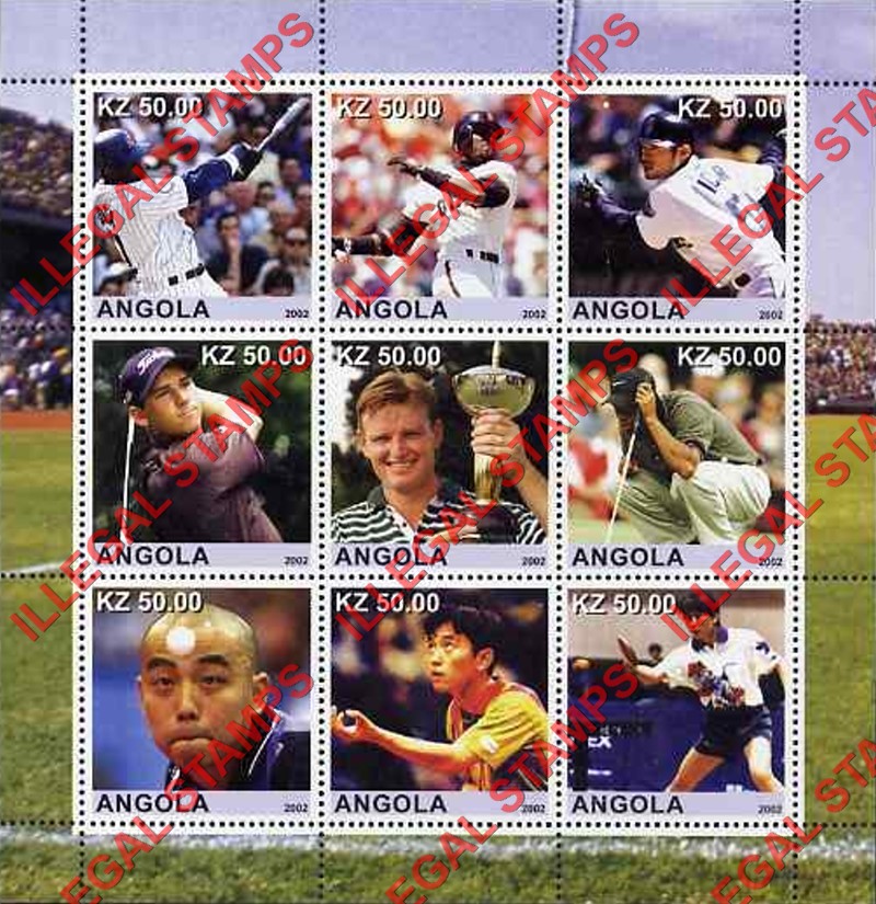 Angola 2002 Sports Baseball, Golf and Table Tennis Illegal Stamp Souvenir Sheet of 9