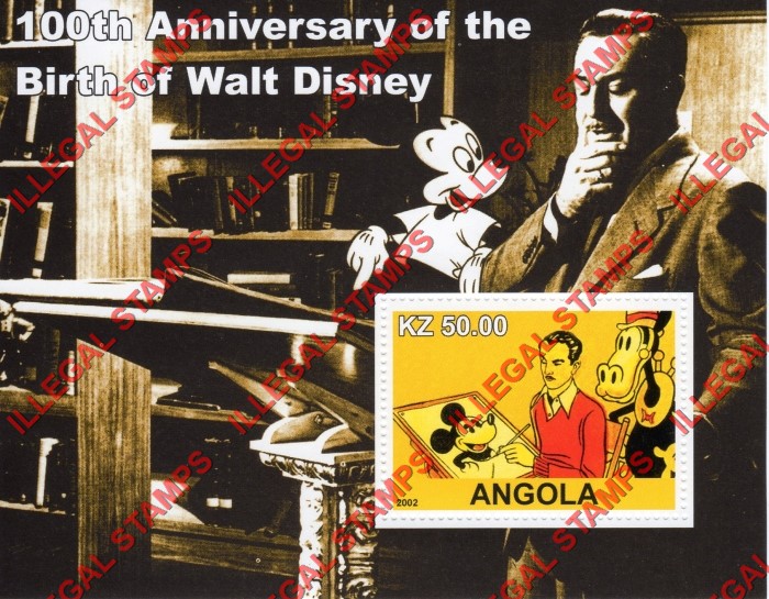 Angola 2002 Walt Disney Birth Anniversary Illegal Stamp Souvenir Sheets of 1 (Sheet 1)