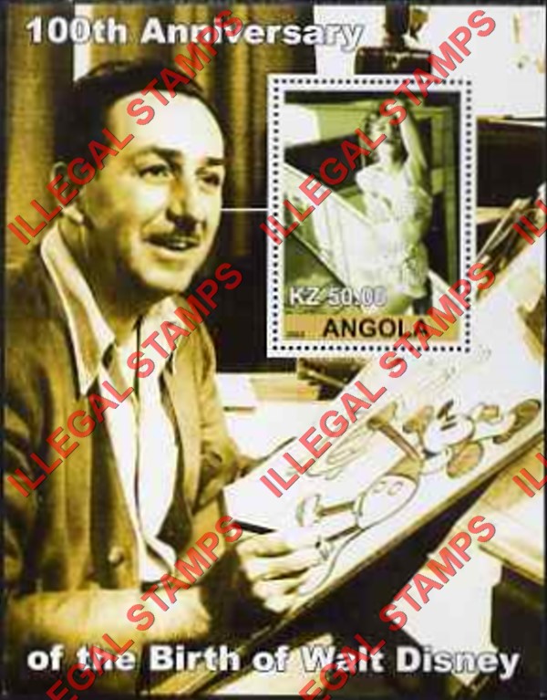 Angola 2002 Walt Disney Birth Anniversary Illegal Stamp Souvenir Sheets of 1 (Sheet 2)
