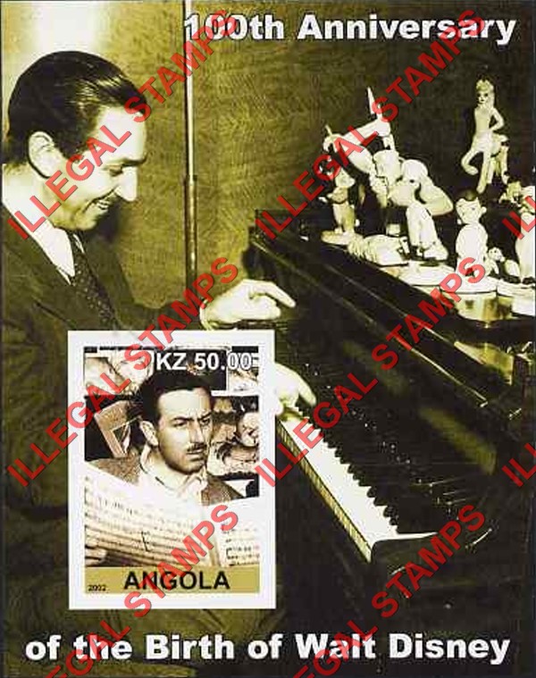 Angola 2002 Walt Disney Birth Anniversary Illegal Stamp Souvenir Sheets of 1 (Sheet 7)