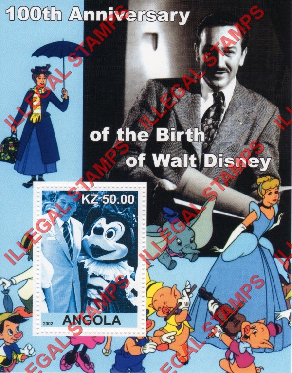 Angola 2002 Walt Disney Birth Anniversary Illegal Stamp Souvenir Sheets of 1 (Sheet 8)