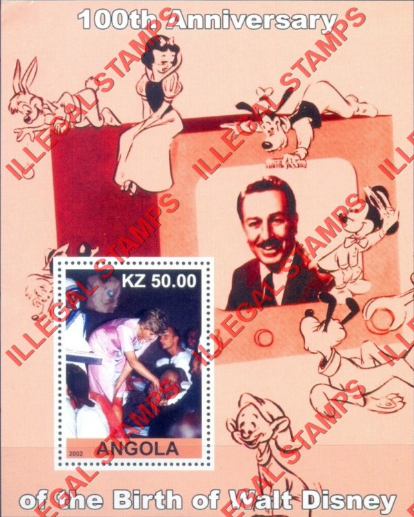 Angola 2002 Walt Disney Birth Anniversary Illegal Stamp Souvenir Sheets of 1 (Sheet 9)