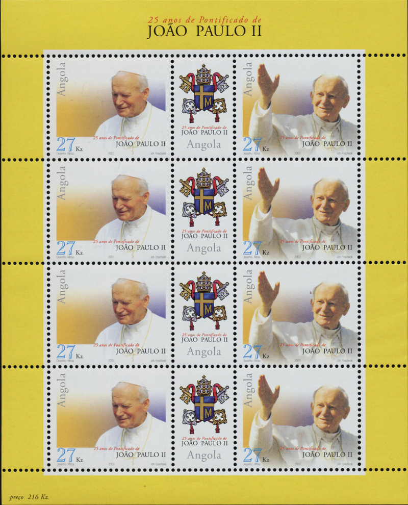 Angola 2003 Pontification of Pope John Paul II Genuine Stamp Souvenir Sheet of 8 Plus Labels
