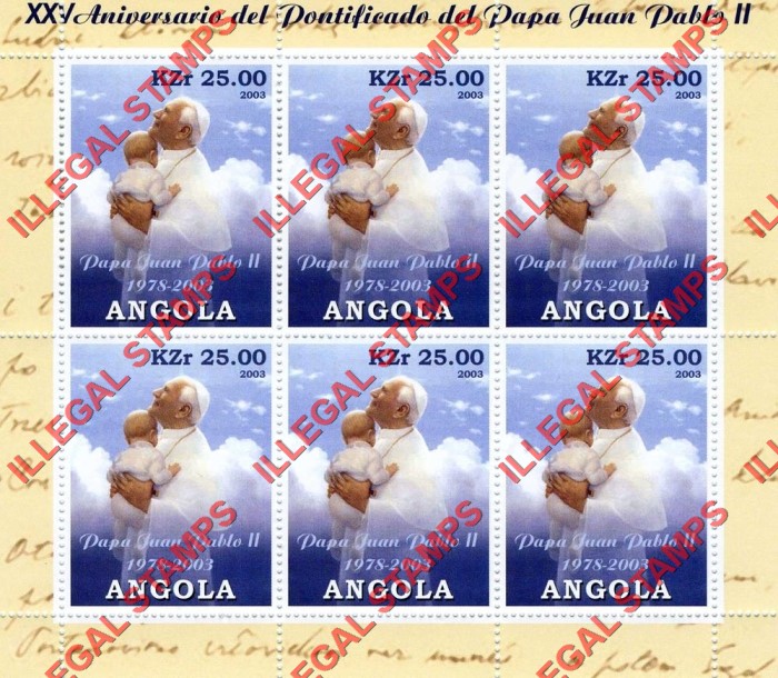 Angola 2003 Pontification of Pope John Paul II Illegal Stamp Souvenir Sheet of 6