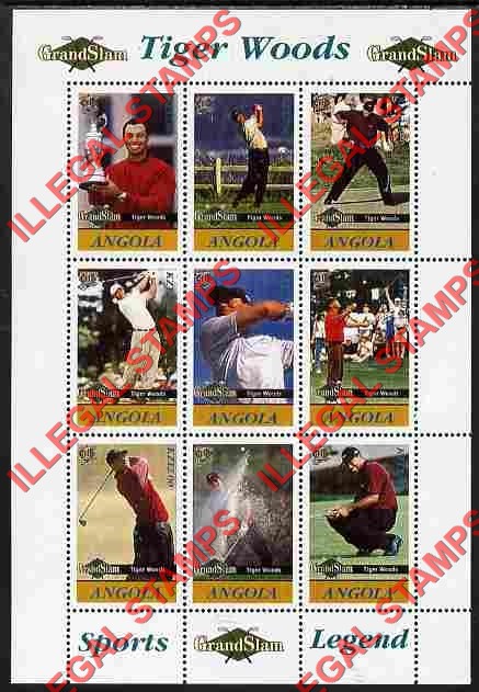 Angola 2009 Tiger Woods Grand Slam Illegal Stamp Souvenir Sheets of 9 (Sheet 1)