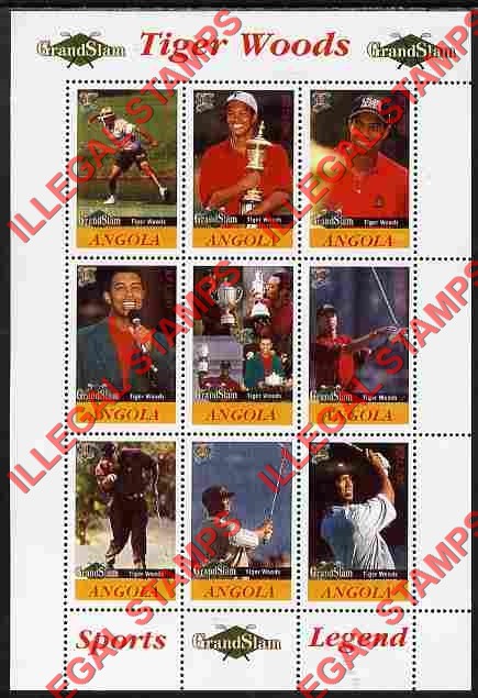Angola 2009 Tiger Woods Grand Slam Illegal Stamp Souvenir Sheets of 9 (Sheet 2)