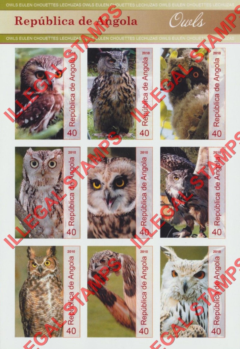 Angola 2010 Owls Illegal Stamp Souvenir Sheets of 9 (Sheet 1)