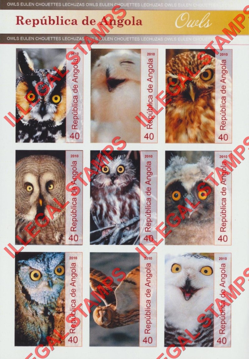 Angola 2010 Owls Illegal Stamp Souvenir Sheets of 9 (Sheet 2)