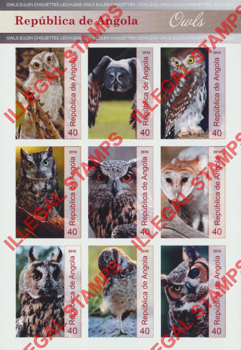 Angola 2010 Owls Illegal Stamp Souvenir Sheets of 9 (Sheet 3)