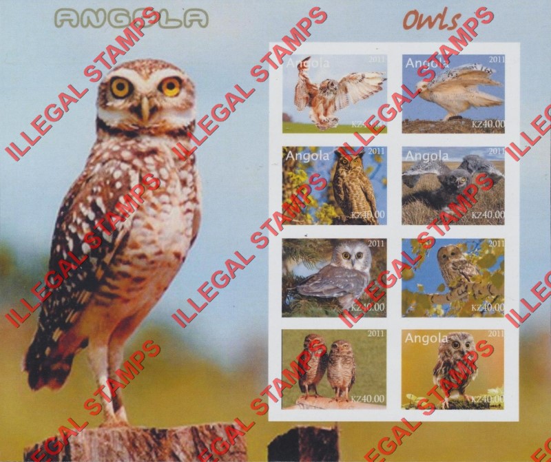 Angola 2011 Owls Illegal Stamp Souvenir Sheet of 8