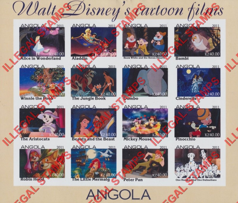 Angola 2011 Walt Disney's Cartoon Films Illegal Stamp Souvenir Sheet of 16