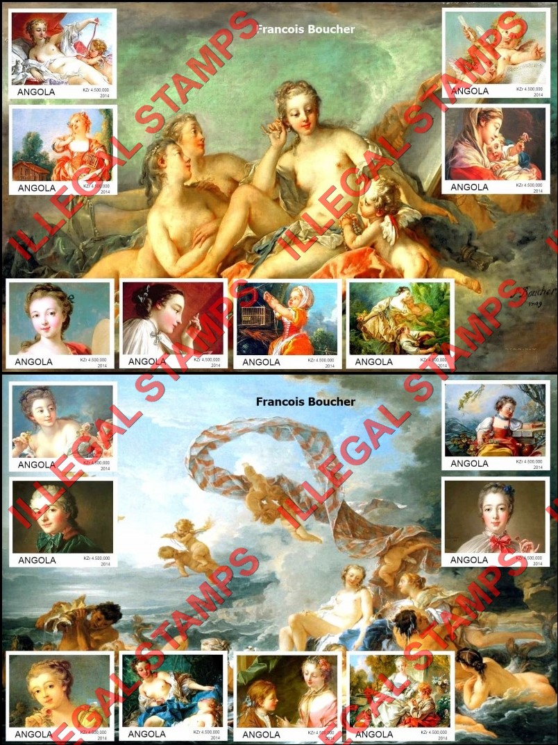 Angola 2014 Paintings by Francois Boucher Illegal Stamp Souvenir Sheets of 8