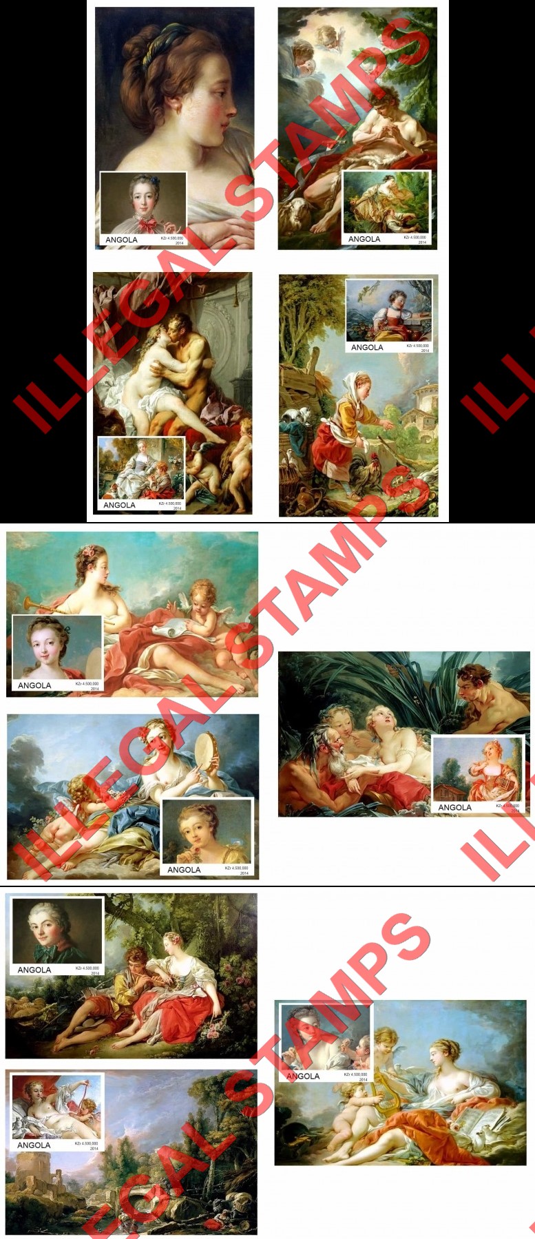 Angola 2014 Paintings by Francois Boucher Illegal Stamp Souvenir Sheets of 1 (Part 2)