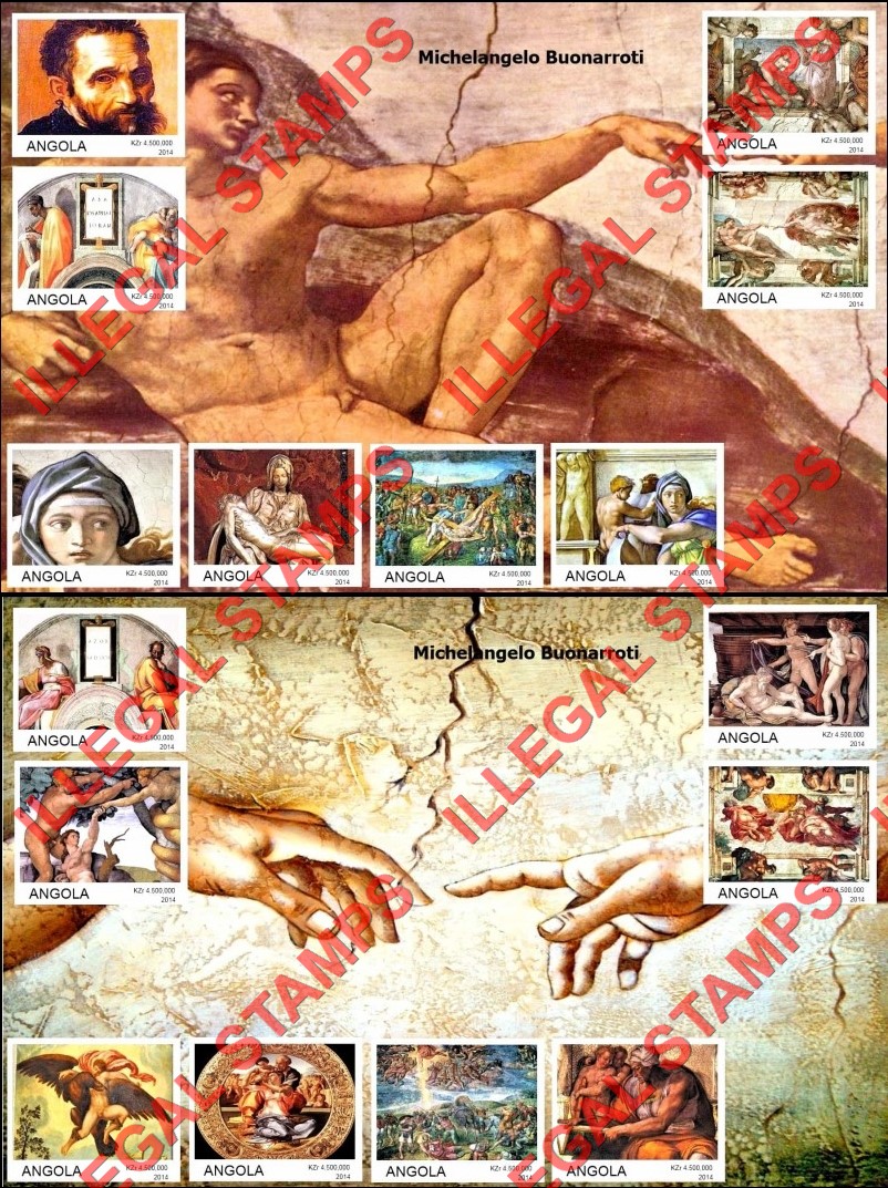 Angola 2014 Paintings by Michelangelo Buonarroti Illegal Stamp Souvenir Sheets of 8