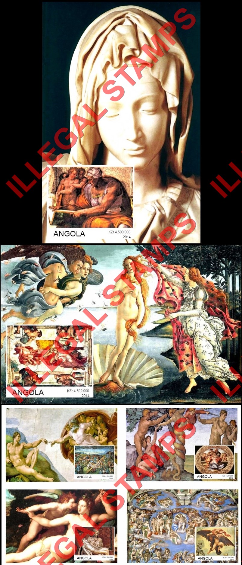 Angola 2014 Paintings by Michelangelo Buonarroti Illegal Stamp Souvenir Sheets of 1 (Part 1)