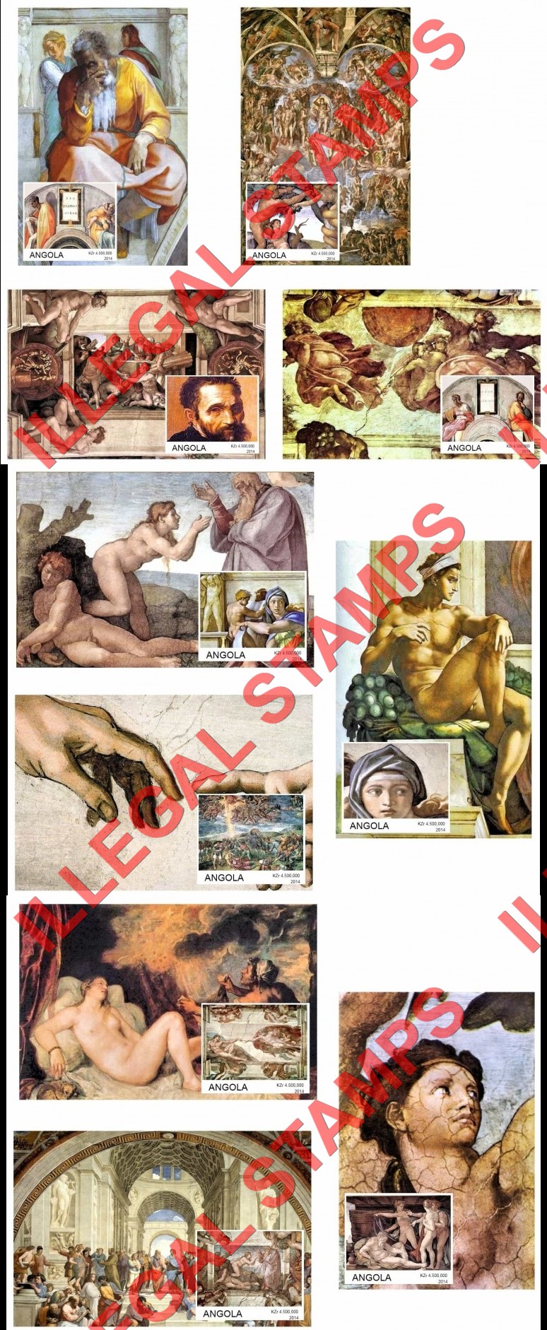 Angola 2014 Paintings by Michelangelo Buonarroti Illegal Stamp Souvenir Sheets of 1 (Part 2)
