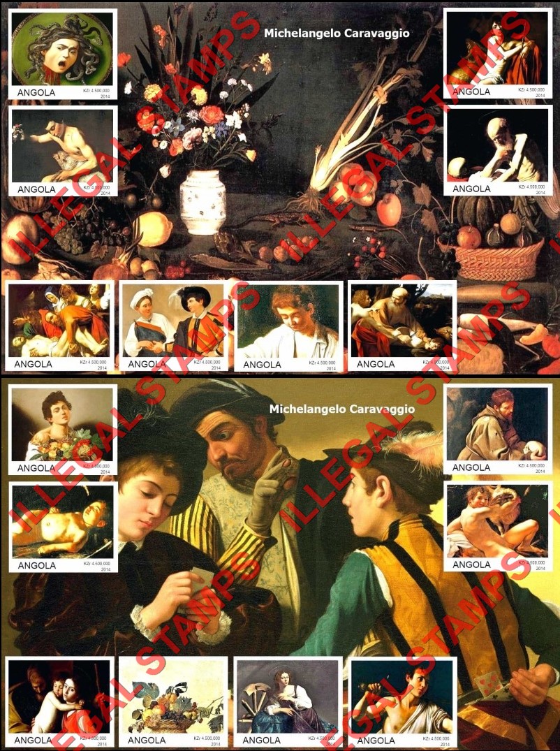 Angola 2014 Paintings by Michelangelo Caravaggio Illegal Stamp Souvenir Sheets of 8