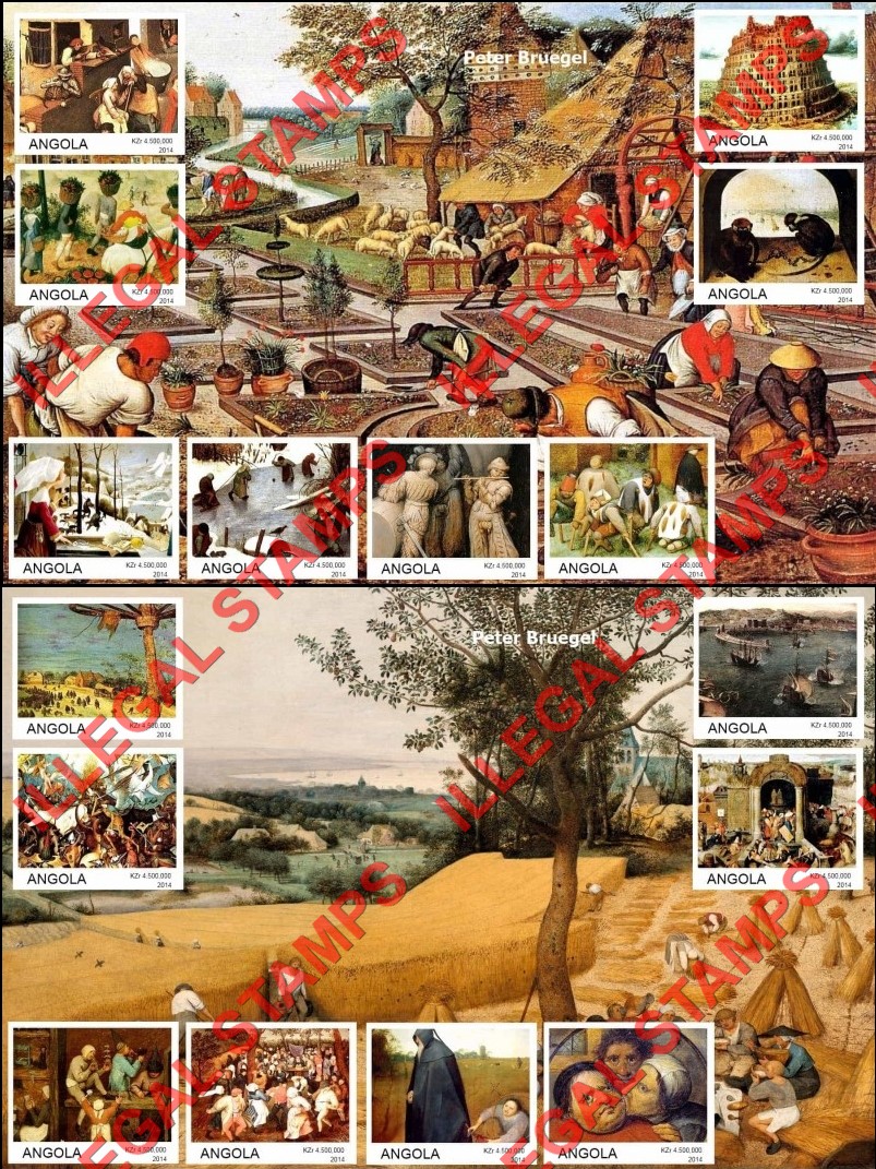 Angola 2014 Paintings by Peter Bruegel Illegal Stamp Souvenir Sheets of 8