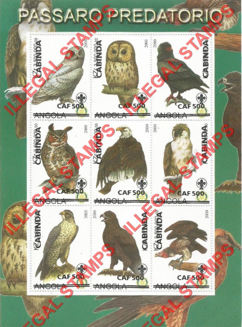 Cabinda 2000 Angola 2000 Birds of Prey with Scouts Logo Counterfeit Illegal Stamp Souvenir Sheet of 9 Overprinted