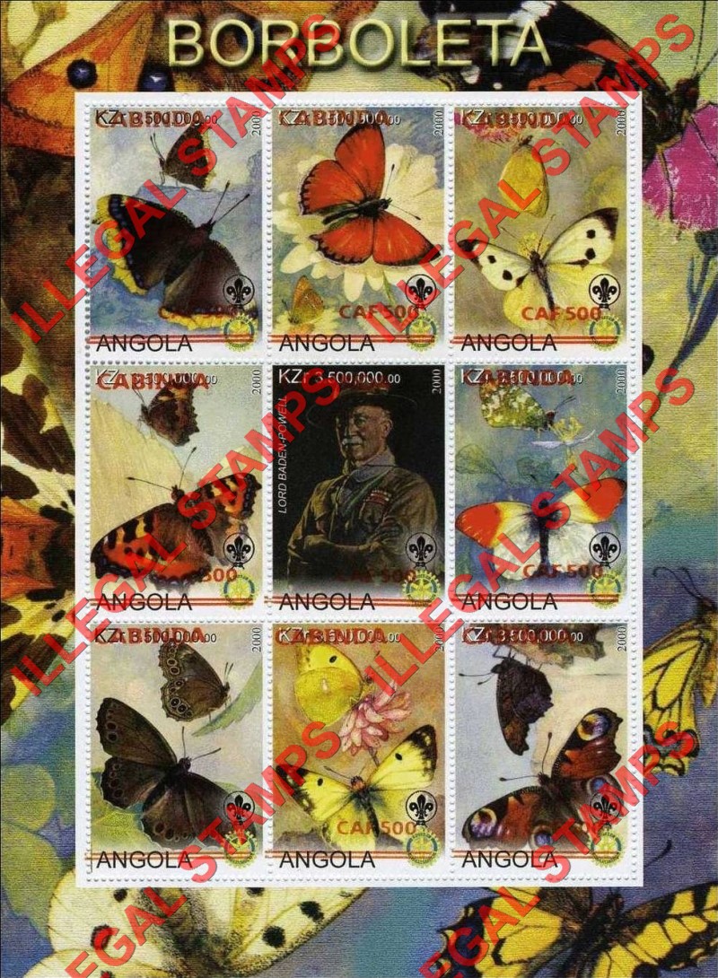 Cabinda 2000 Angola 2000 Butterflies with Scouts Logo and Baden Powell Counterfeit Illegal Stamp Souvenir Sheet of 9 Overprinted