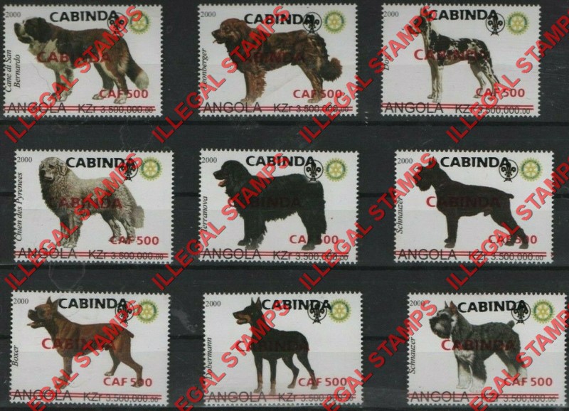 Cabinda 2000 Angola 2000 Dogs of the World with Scouts Logo Counterfeit Illegal Stamp Set of 9 Overprinted in Red