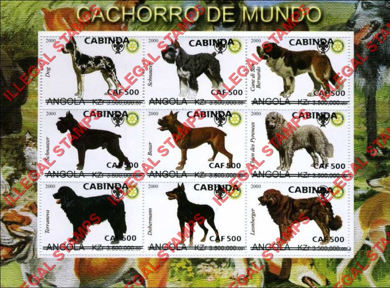 Cabinda 2000 Angola 2000 Dogs of the World with Scouts Logo Counterfeit Illegal Stamp Souvenir Sheet of 9 Overprinted in Black