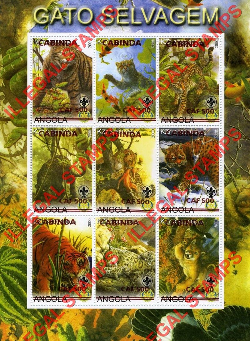 Cabinda 2000 Angola 2000 Wild Cats with Scouts Logo Counterfeit Illegal Stamp Souvenir Sheet of 9 Overprinted