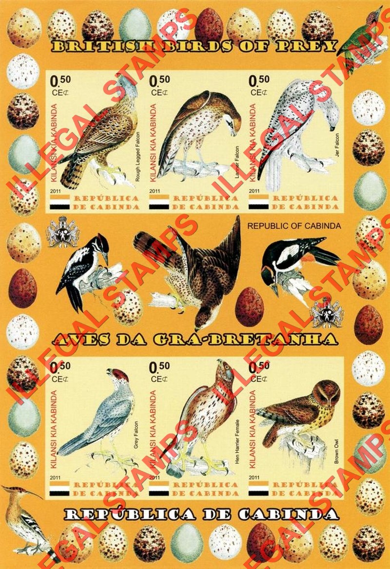 Cabinda 2011 British Birds of Prey Counterfeit Illegal Stamp Souvenir Sheet of 6 (Sheet 1)