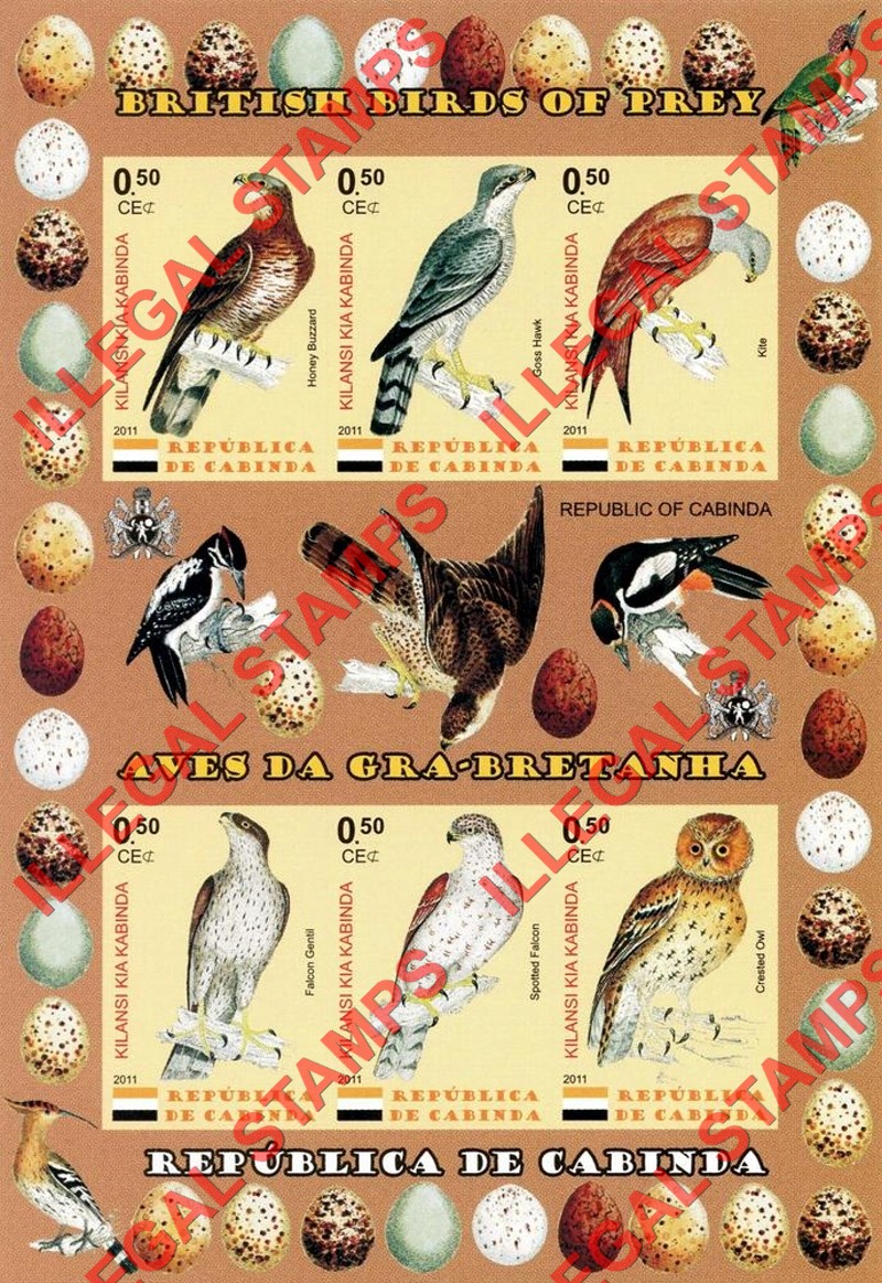 Cabinda 2011 British Birds of Prey Counterfeit Illegal Stamp Souvenir Sheet of 6 (Sheet 2)