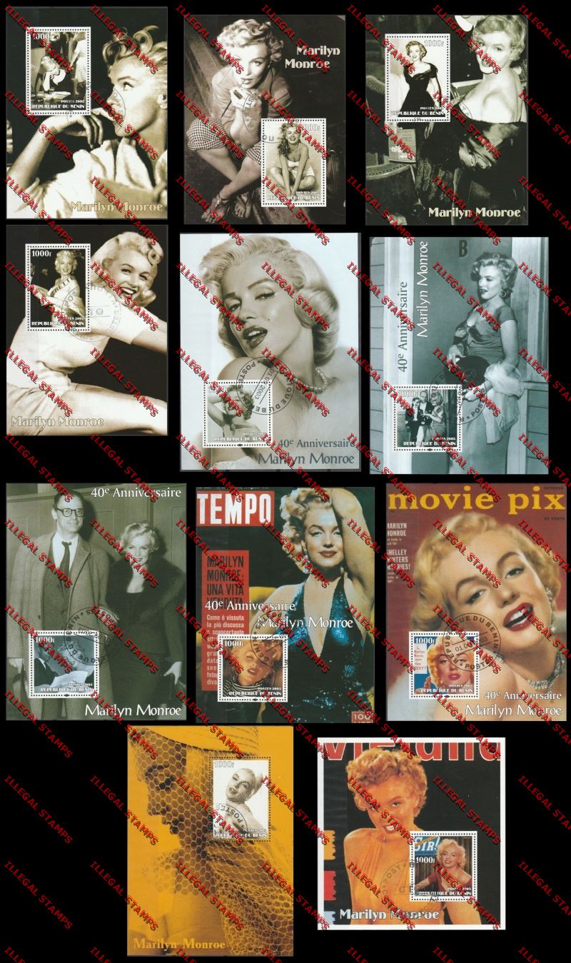 Benin 2002 and 2003 Marilyn Monroe Illegal Stamp Souvenir Sheets