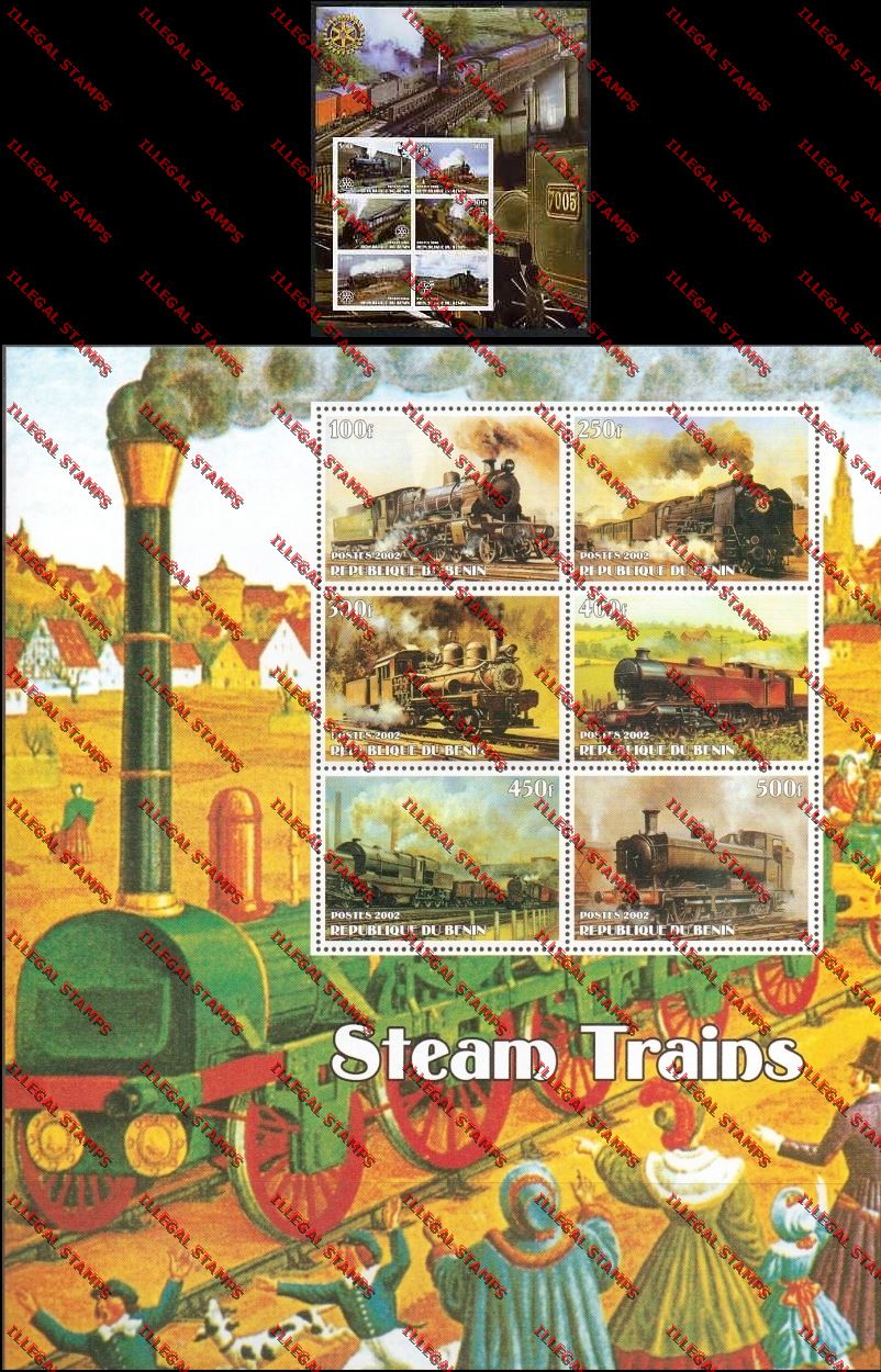 Benin 2002 Trains with Rotary International Emblem and 2003 Steam Trains Illegal Stamp Souvenir Sheetlets of Six