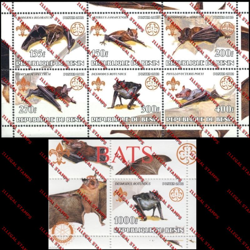 Benin 2002 Bats with Scouts Emblems Illegal Stamp Sheetlet of Six and Souvenir Sheet