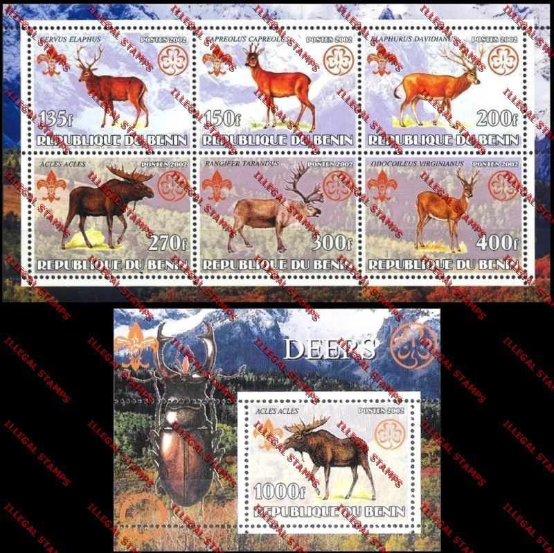Benin 2002 Deers with Scouts Emblems Illegal Stamp Sheetlet of Six and Souvenir Sheet