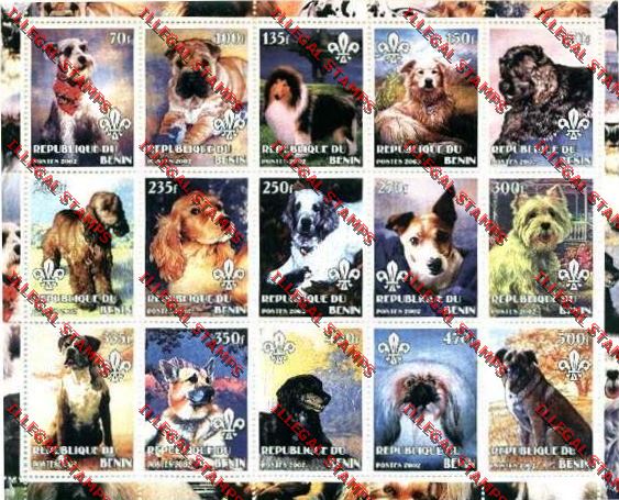Benin 2002 Dogs with Scout Logo Illegal Stamp Sheetlet of Fifteen