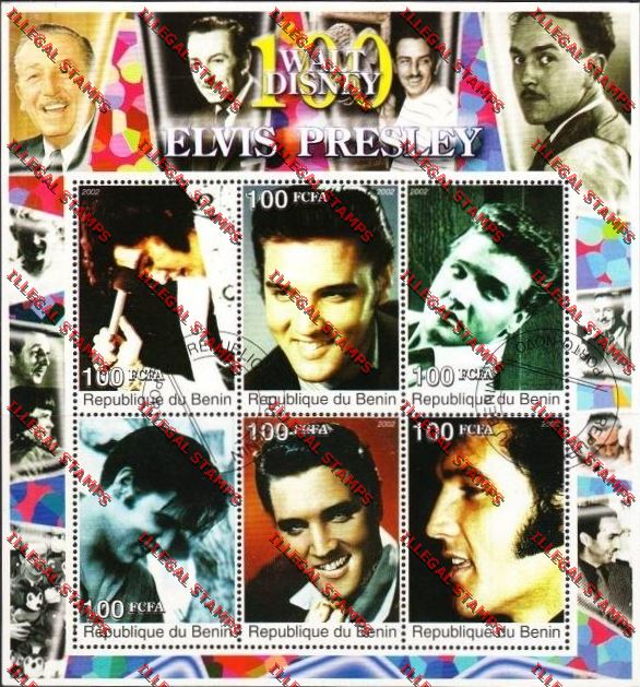 Benin 2002 Elvis Presley Walt Disney Illegal Stamp Sheetlet of Six
